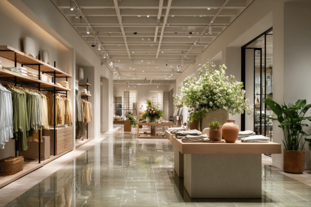 Modern minimalist fashion retail store interior featuring natural tones, folded clothing, and clean architectural design