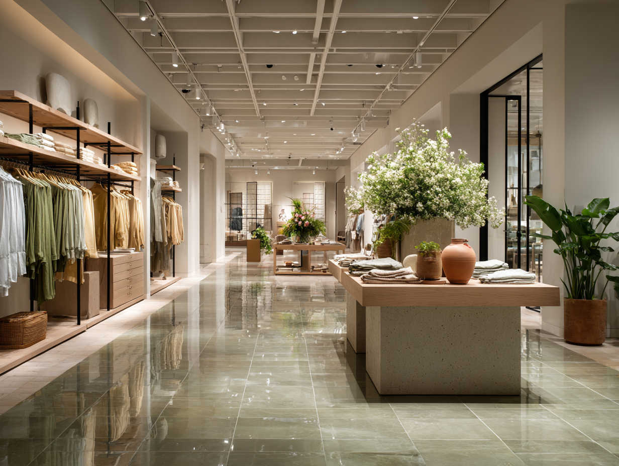 Modern minimalist fashion retail store interior featuring natural tones, folded clothing, and clean architectural design