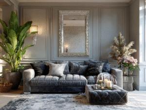 Cool-toned living room with silver mirror, grey velvet sofa, and light-toned paneling