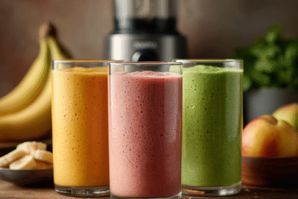 Three colorful smoothies in glasses with bananas and apples beside a blender in the background