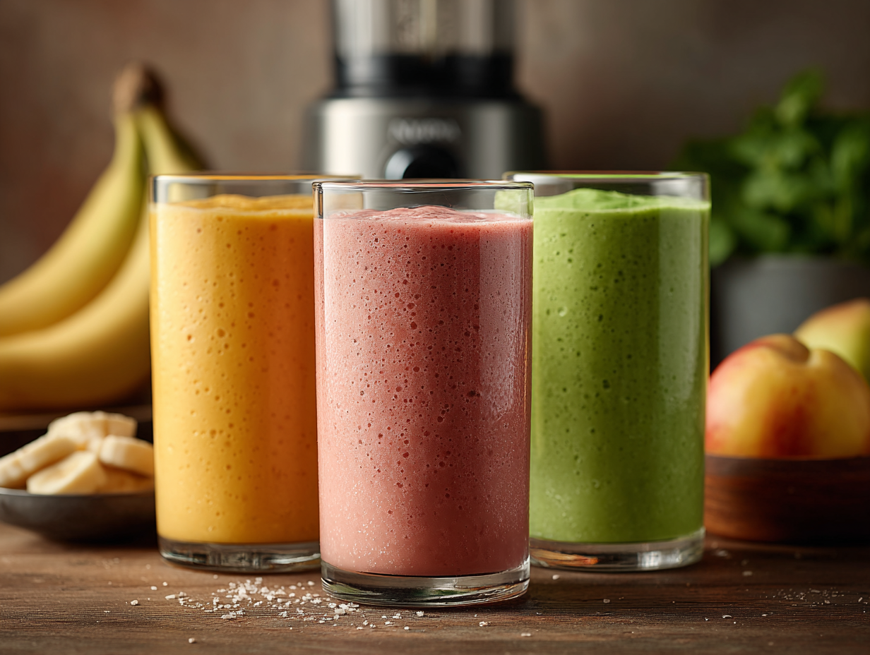 Three colorful smoothies in glasses with bananas and apples beside a blender in the background