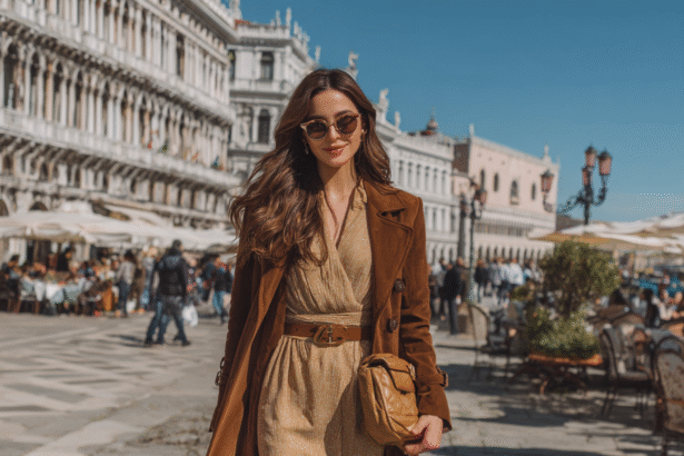 Elegant woman in belted dress and trench coat with a designer bag walking in a European square