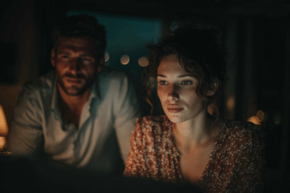 Focused woman working late at night with a man beside her, symbolizing passion-driven work without burnout