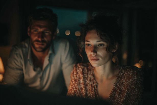 Focused woman working late at night with a man beside her, symbolizing passion-driven work without burnout