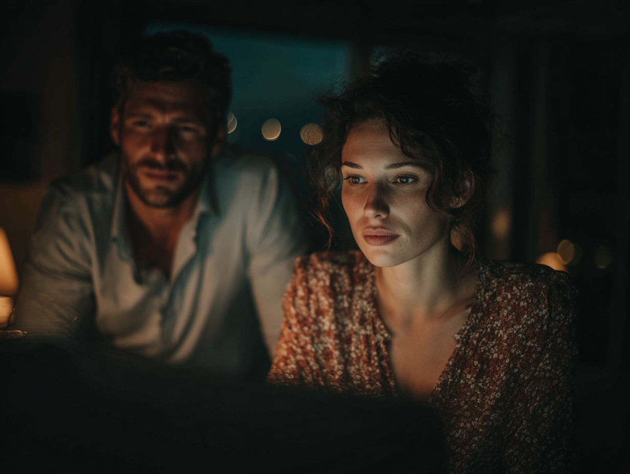 Focused woman working late at night with a man beside her, symbolizing passion-driven work without burnout