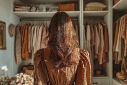 A woman in a brown dress stands in front of a curated earth-toned closet, symbolizing a thoughtful approach to fast fashion.