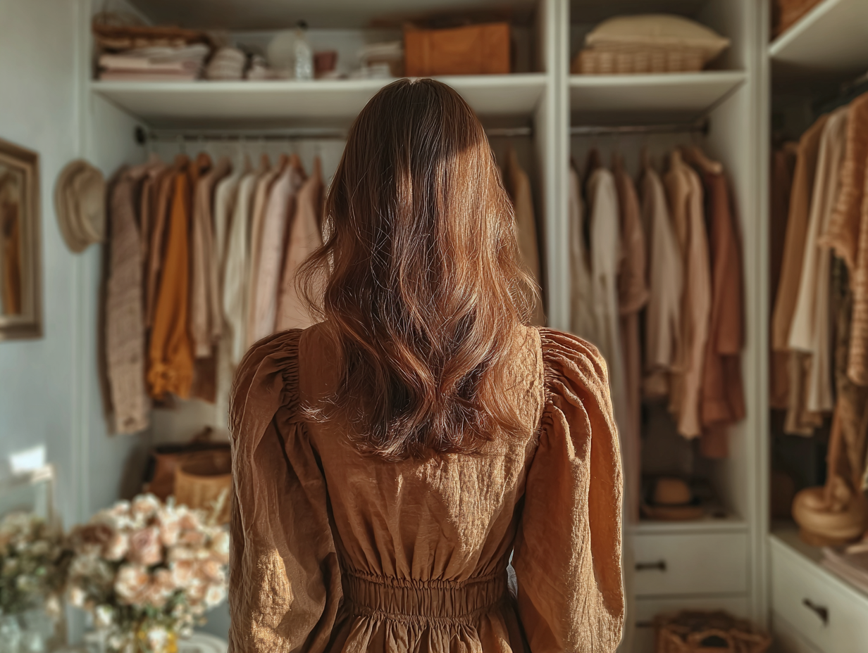 A woman in a brown dress stands in front of a curated earth-toned closet, symbolizing a thoughtful approach to fast fashion.