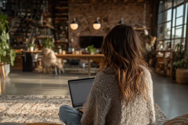 Woman using a laptop in a warm, loft-style living space — illustrating thoughtful personal use of ChatGPT in daily life