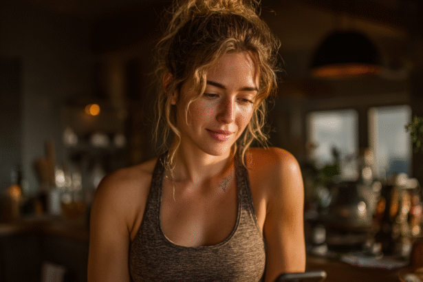 Woman in workout clothes checking Renpho fitness measurements on phone