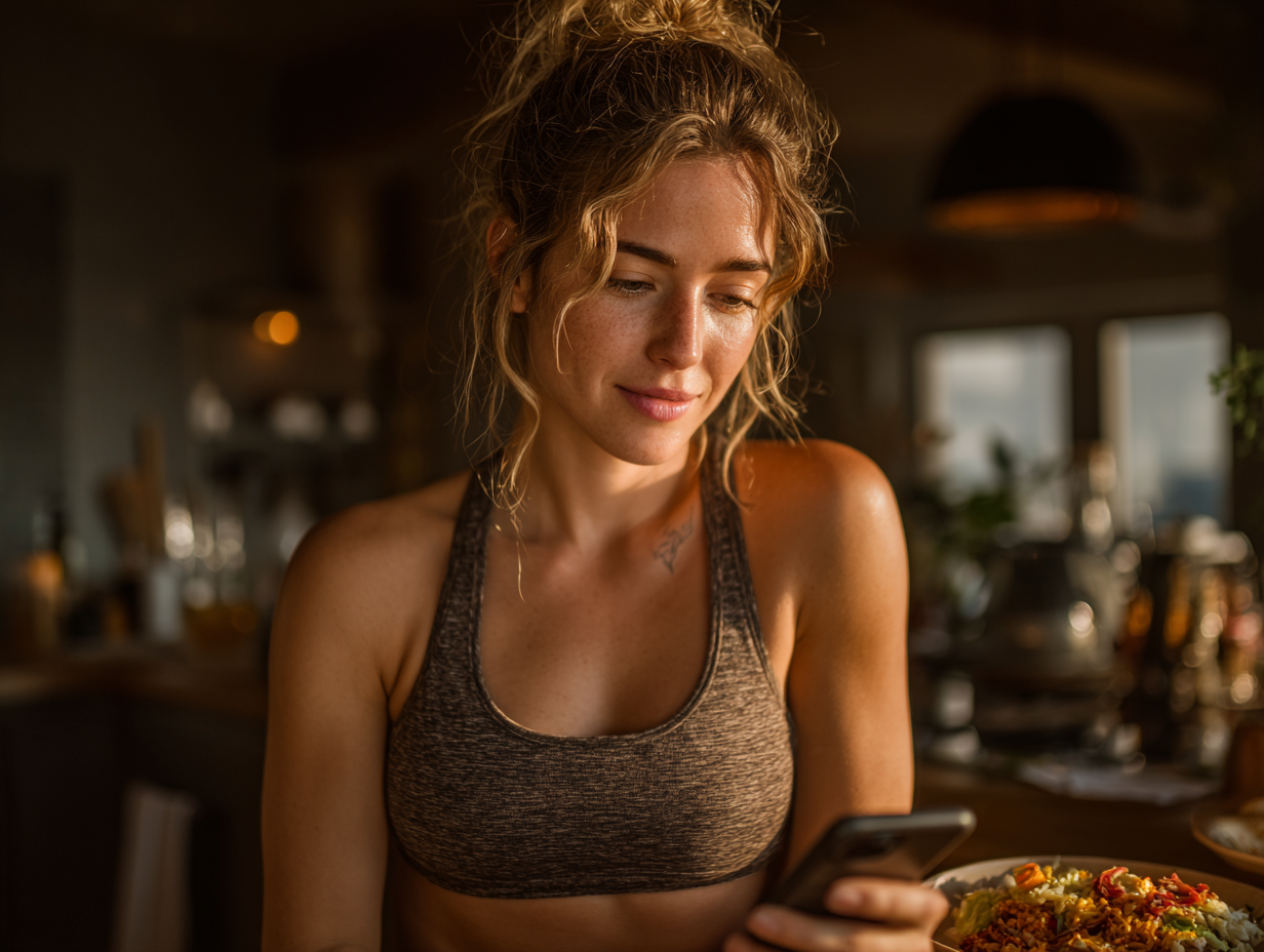 Woman in workout clothes checking Renpho fitness measurements on phone