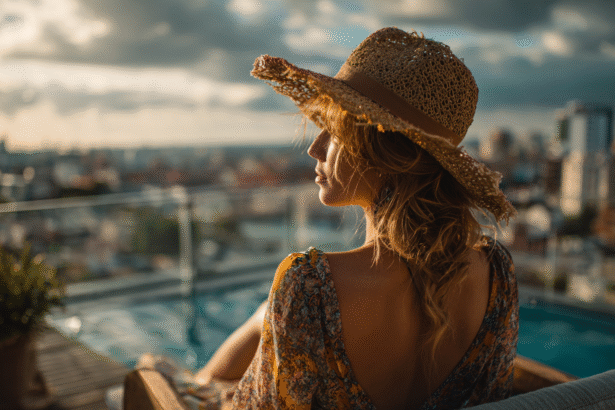 Woman wearing a straw hat and floral dress sitting by a rooftop pool, gazing over the city at sunset