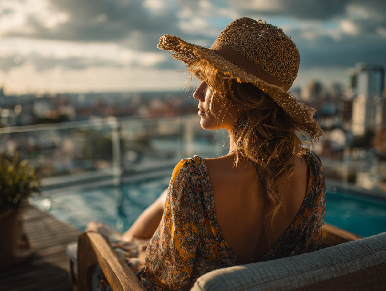 Woman wearing a straw hat and floral dress sitting by a rooftop pool, gazing over the city at sunset