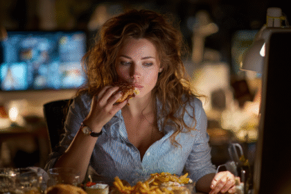 “A woman eating a burger and fries while working late, symbolizing fatigue and overeating”