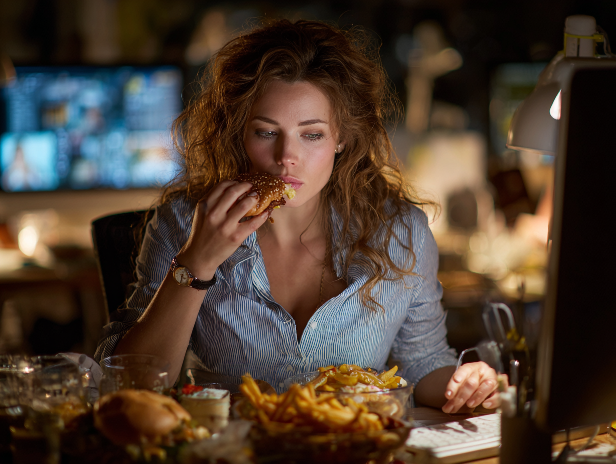 “A woman eating a burger and fries while working late, symbolizing fatigue and overeating”