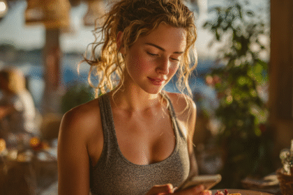Woman checking MyFitnessPal app on her phone while eating a healthy meal