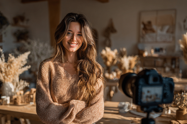 Smiling female influencer standing in a creative studio, filming with a DSLR camera