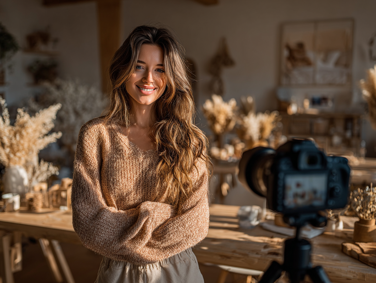 Smiling female influencer standing in a creative studio, filming with a DSLR camera