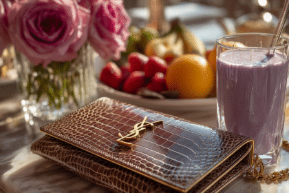 Designer YSL clutch placed on a marble table beside a fruit bowl, pink roses, and a purple smoothie, symbolizing timeless luxury and elegance
