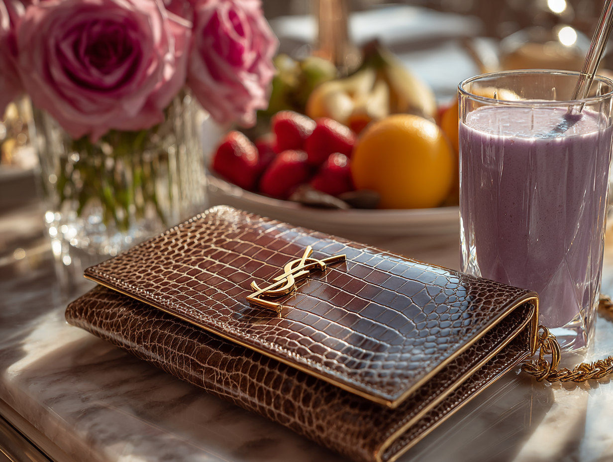 Designer YSL clutch placed on a marble table beside a fruit bowl, pink roses, and a purple smoothie, symbolizing timeless luxury and elegance