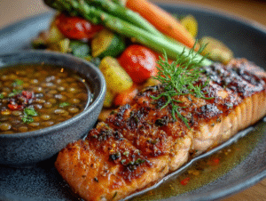 Grilled salmon served with green lentils and roasted vegetables