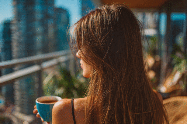 Woman with long hair holding coffee on a sunny balcony, practicing a slow morning routine