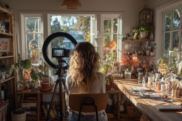 Influencer filming content in a cozy home studio surrounded by creative tools and natural light