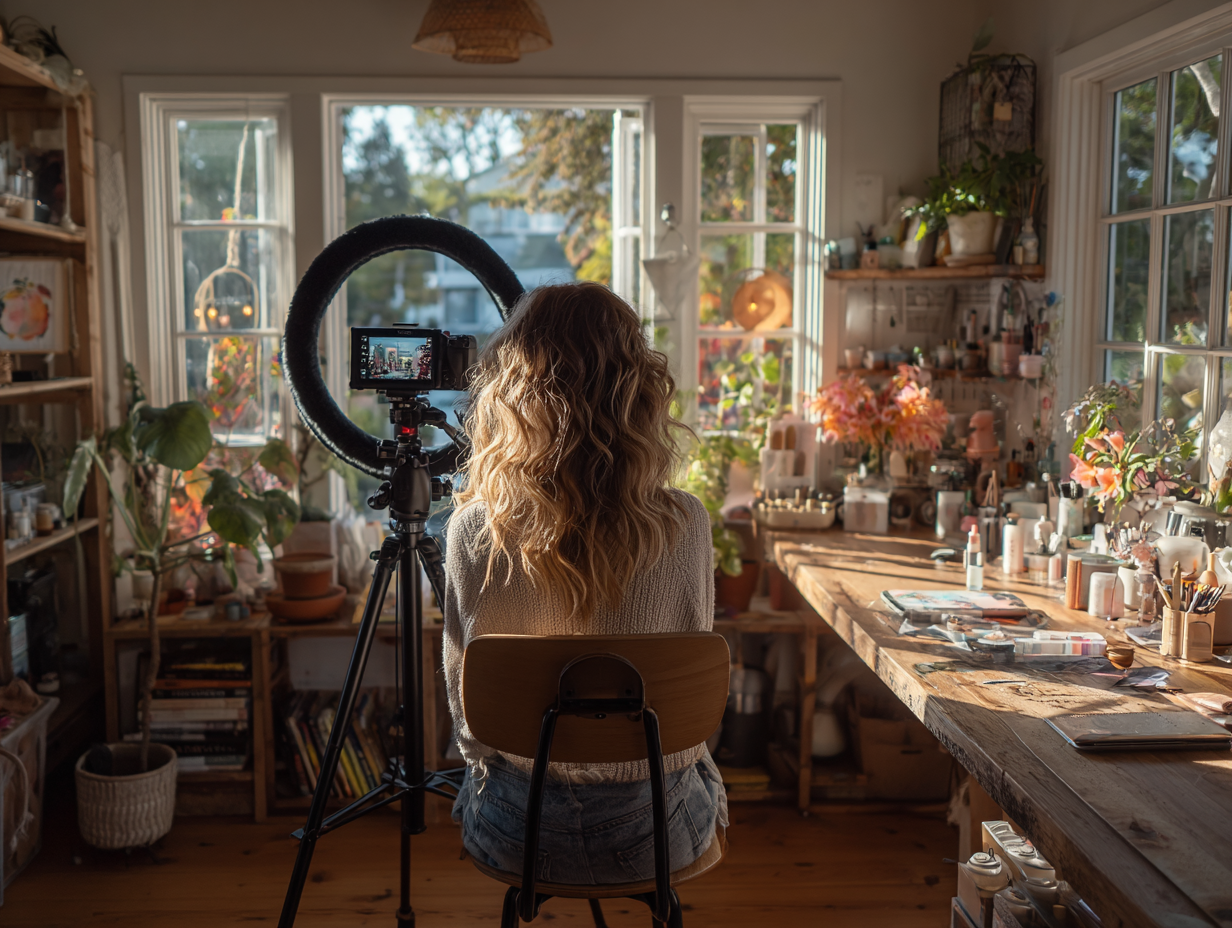 Influencer filming content in a cozy home studio surrounded by creative tools and natural light