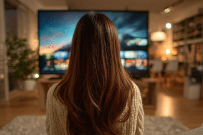 Woman sitting in a cozy living room watching MasterClass on a large flat-screen TV