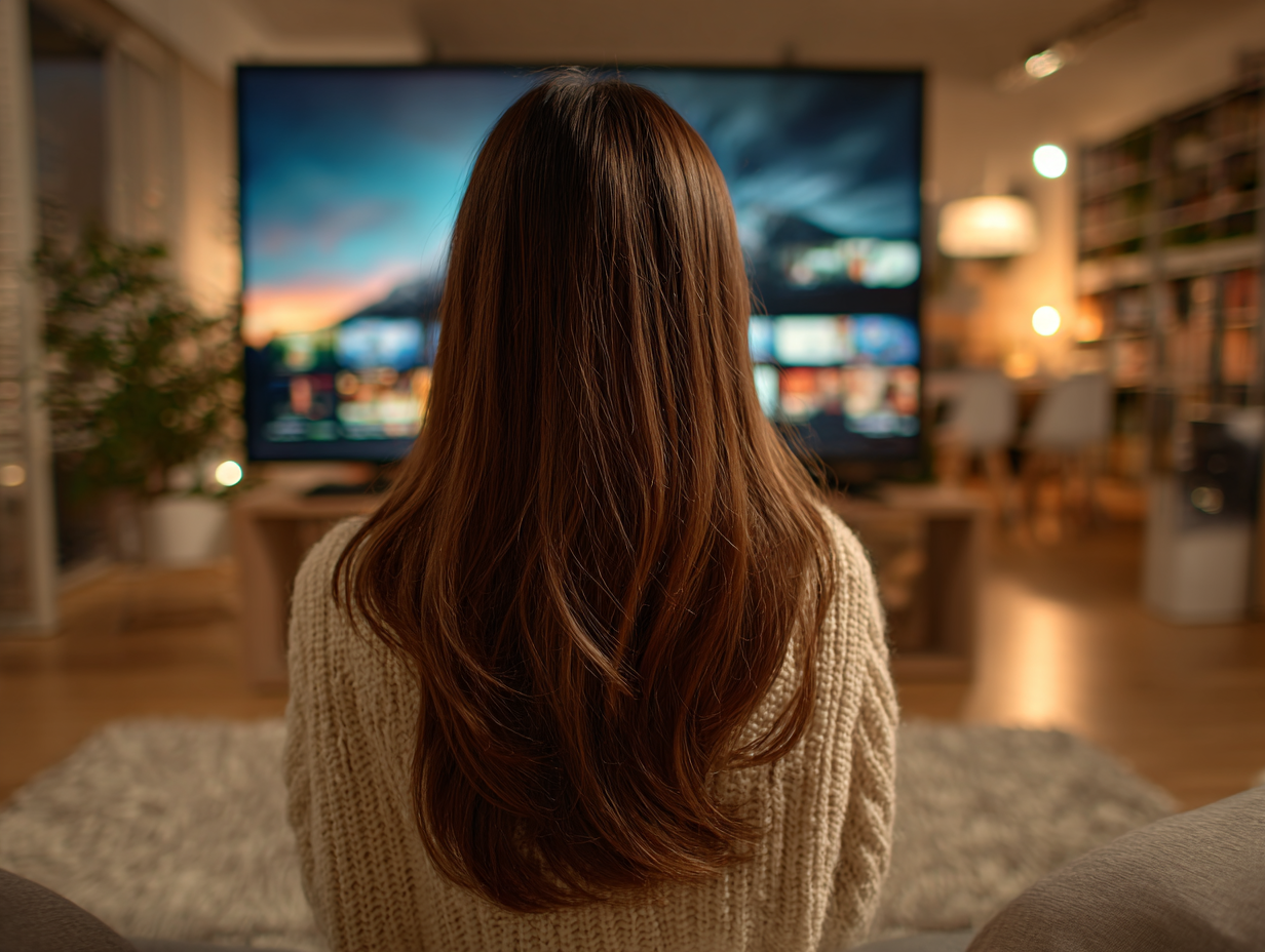 Woman sitting in a cozy living room watching MasterClass on a large flat-screen TV