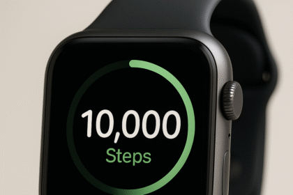 A close-up of an Apple Watch screen displaying exactly 10,000 steps, symbolizing a completed daily walking goal