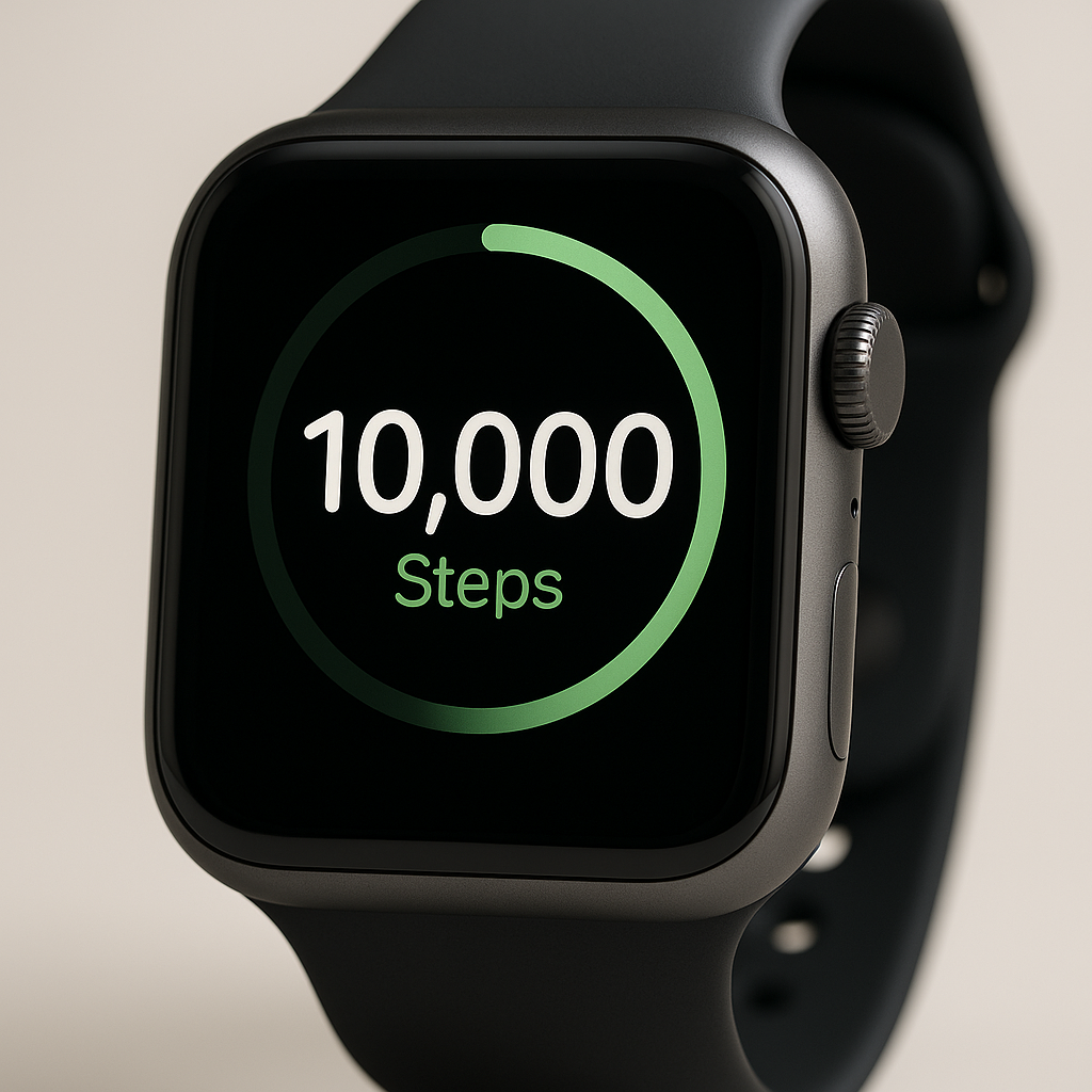 A close-up of an Apple Watch screen displaying exactly 10,000 steps, symbolizing a completed daily walking goal