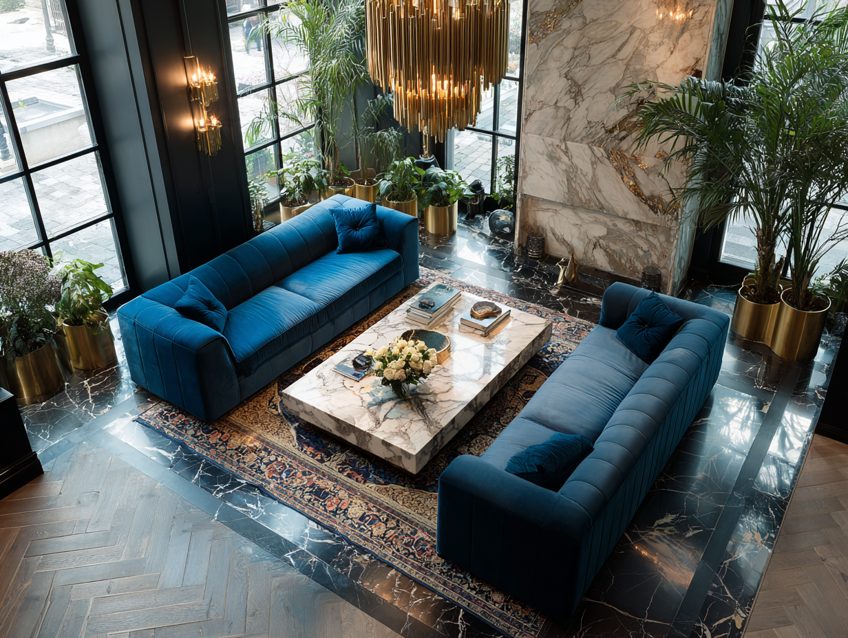 Two identical blue velvet sofas facing each other across a marble coffee table in an elegant, symmetrical room