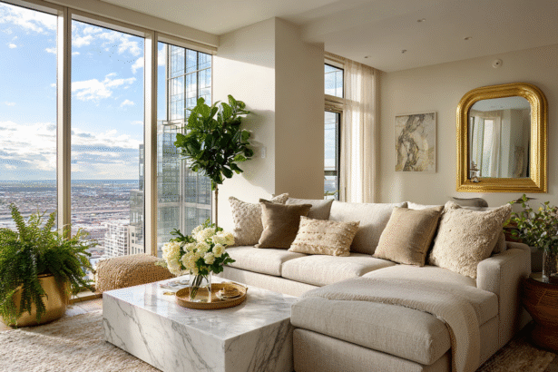 Bright modern living room with marble table, neutral sofa, gold-framed mirror, and potted plants — showcasing the five Feng Shui elements in decor.