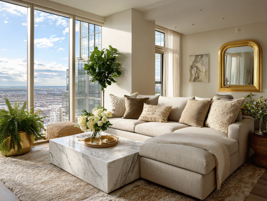 Bright modern living room with marble table, neutral sofa, gold-framed mirror, and potted plants — showcasing the five Feng Shui elements in decor.