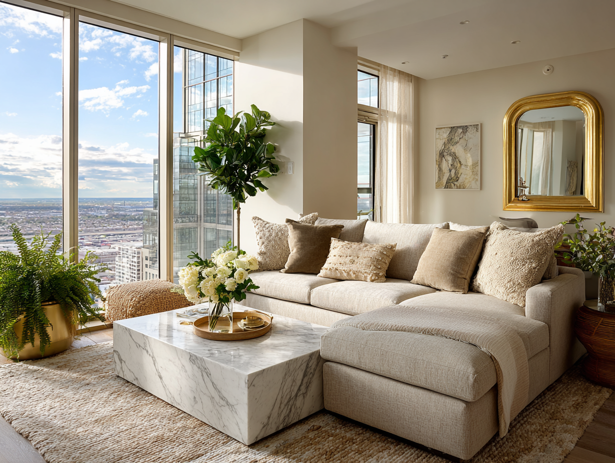 Bright modern living room with marble table, neutral sofa, gold-framed mirror, and potted plants — showcasing the five Feng Shui elements in decor.