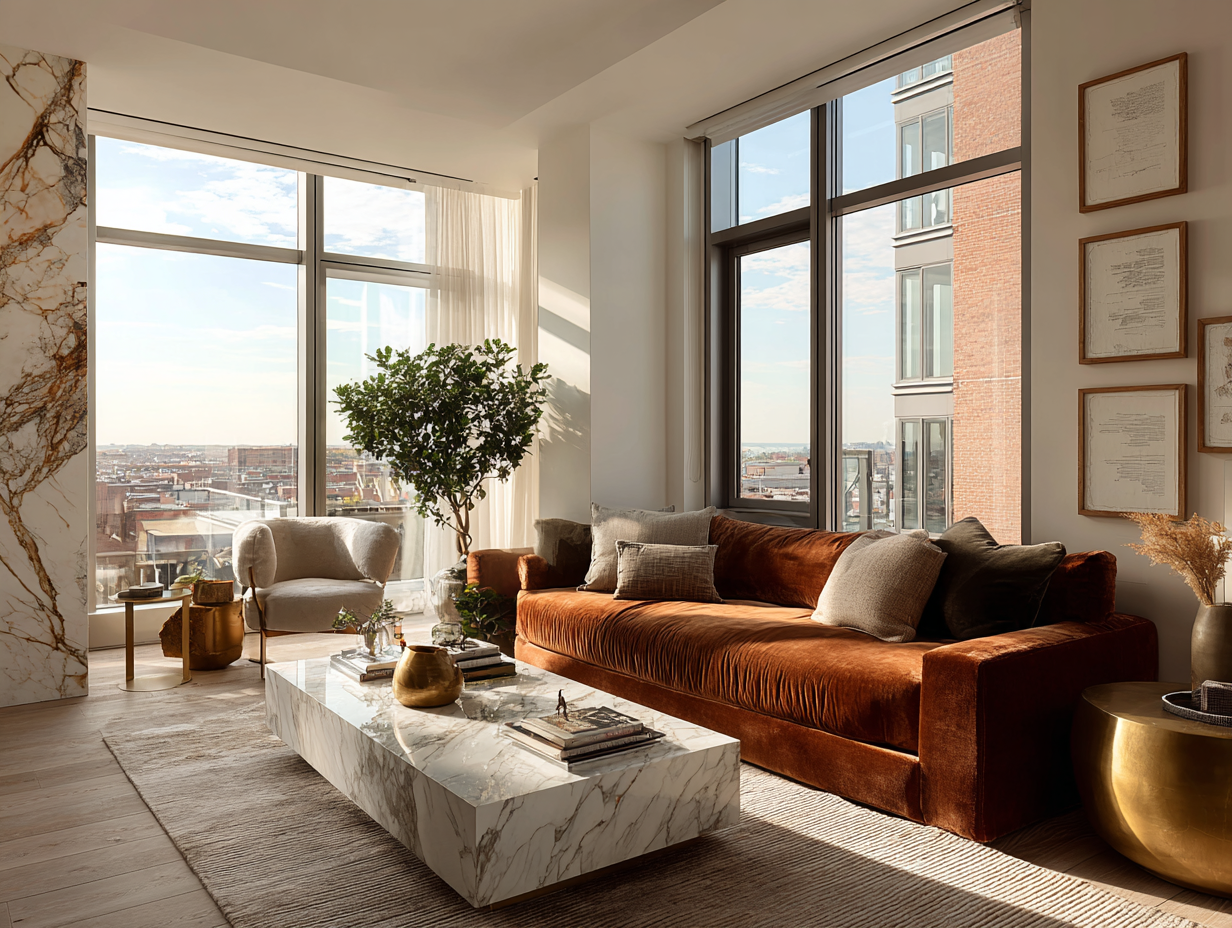 Brown velvet statement sofa paired with modern decor in a bright, minimal city apartment