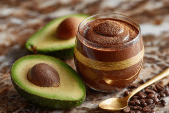 Glass of chocolate avocado mousse with fresh avocado and cacao powder on marble surface
