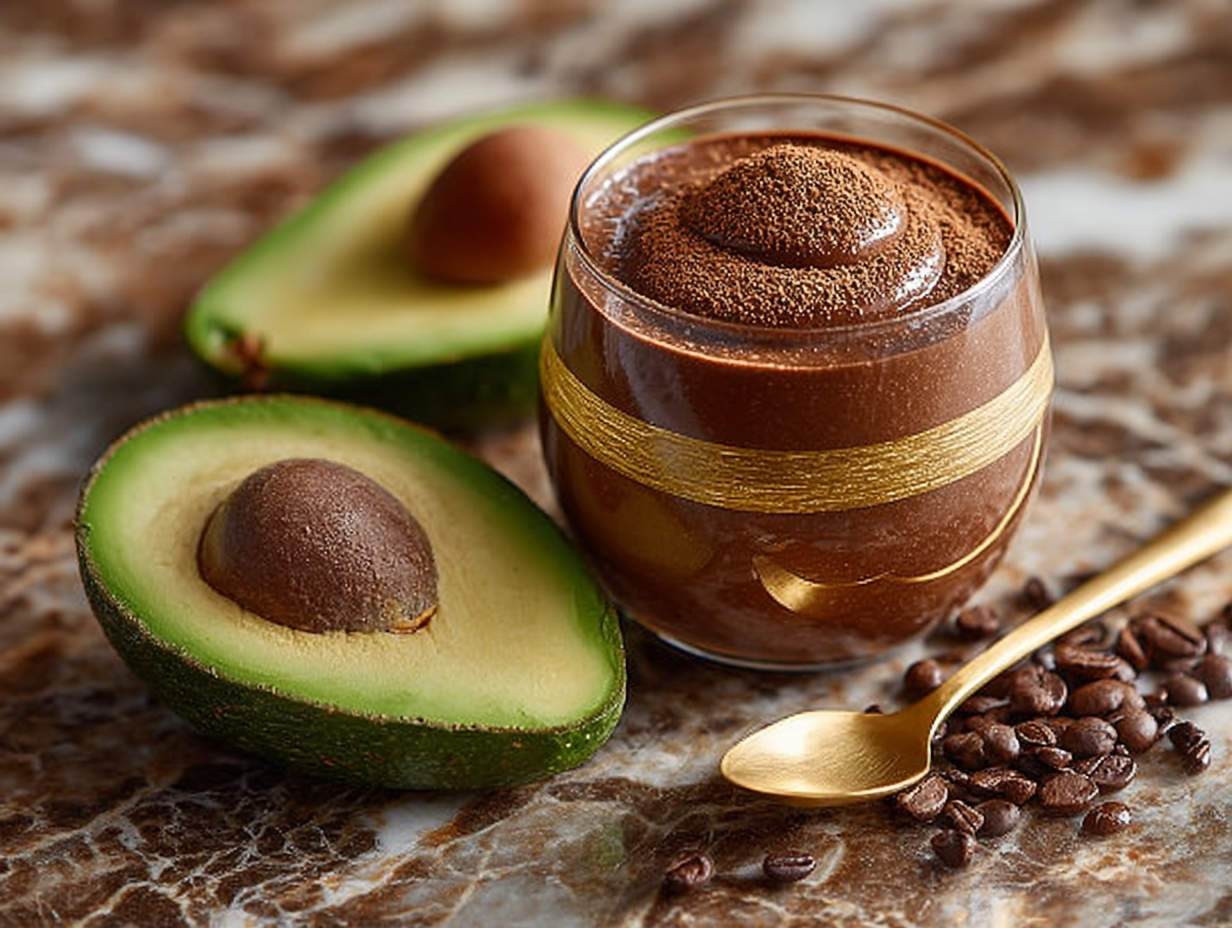 Glass of chocolate avocado mousse with fresh avocado and cacao powder on marble surface