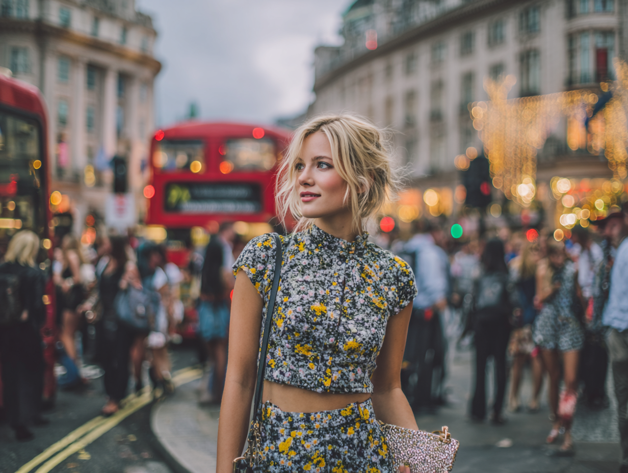 Stylish woman in a floral outfit holding a clutch bag while walking through a busy city street