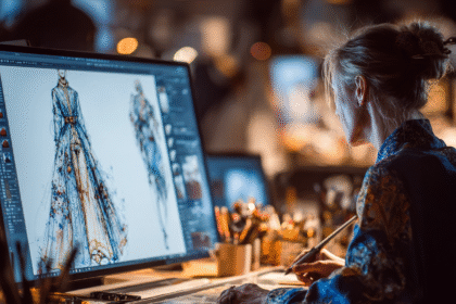 A fashion designer using AI tools on a digital screen to create modern garment illustrations