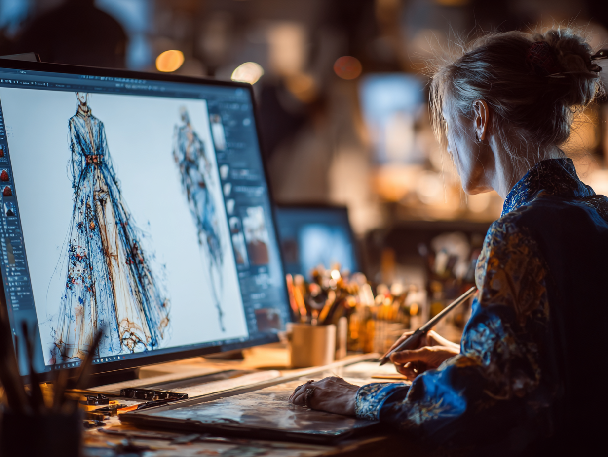 A fashion designer using AI tools on a digital screen to create modern garment illustrations