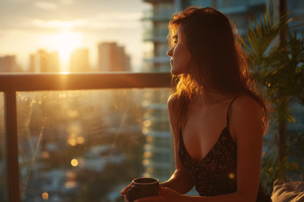 Woman sitting at sunset, deep in thought with a coffee cup