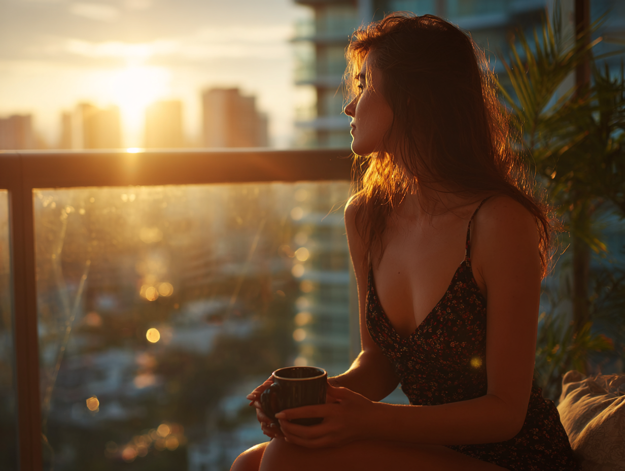 Woman sitting at sunset, deep in thought with a coffee cup