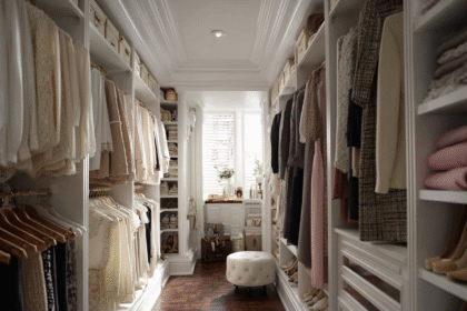 Luxurious walk-in closet with neutral-toned elegant wardrobe for stylish women