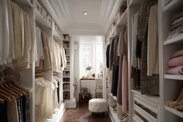 Luxurious walk-in closet with neutral-toned elegant wardrobe for stylish women