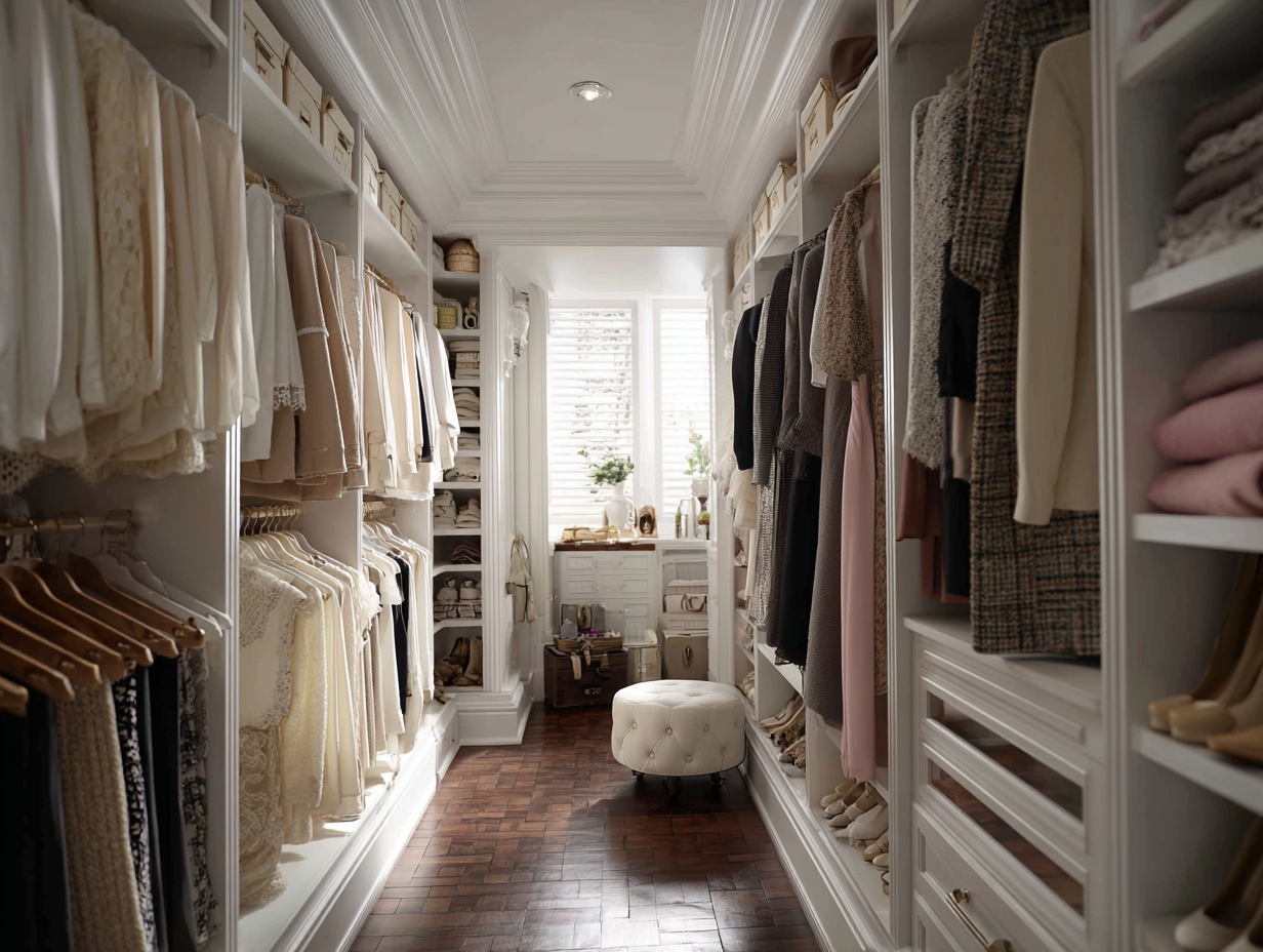 Luxurious walk-in closet with neutral-toned elegant wardrobe for stylish women
