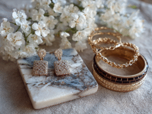 Flatlay of minimalist gold jewelry including earrings, rings, and a necklace