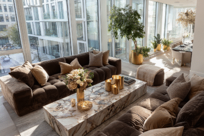 Luxurious living room with marble coffee table, velvet sofas, gold accents, and lush green plants — a Feng Shui-inspired balance of the five elements.