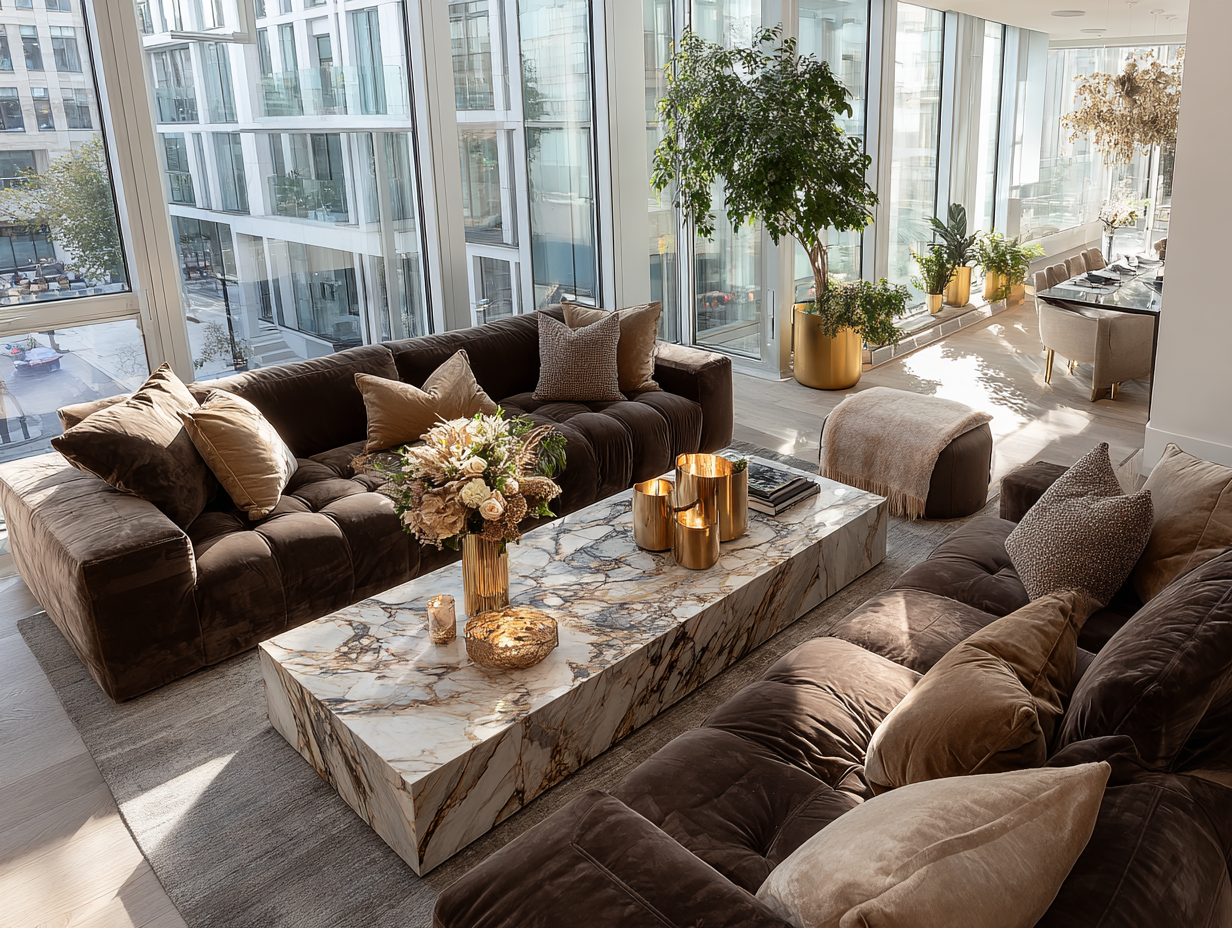 Luxurious living room with marble coffee table, velvet sofas, gold accents, and lush green plants — a Feng Shui-inspired balance of the five elements.