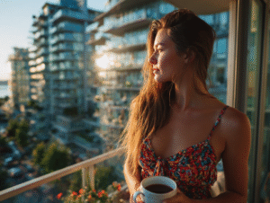 Woman on balcony holding coffee, symbolizing health, discipline, and peaceful confidence